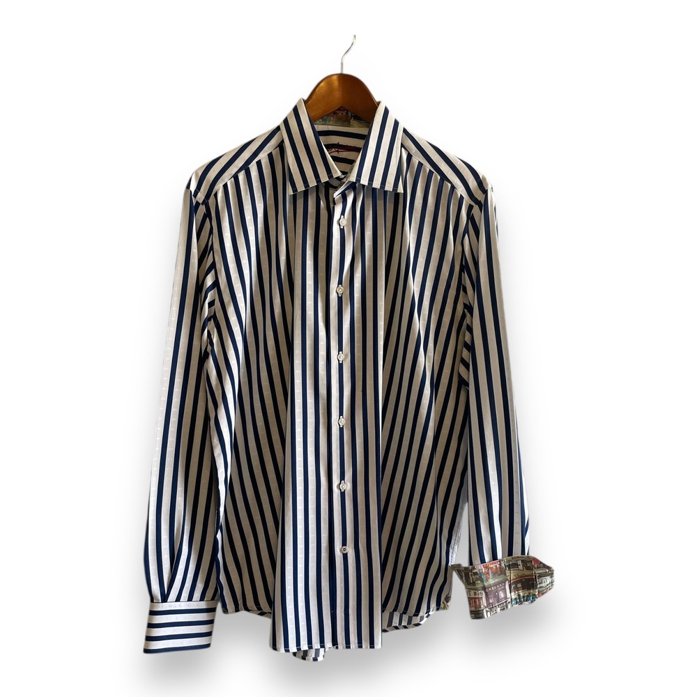 Robert Graham Mens Navy Blue White Striped Dobby Shirt Irish Pub Flip Cuffs Sz L